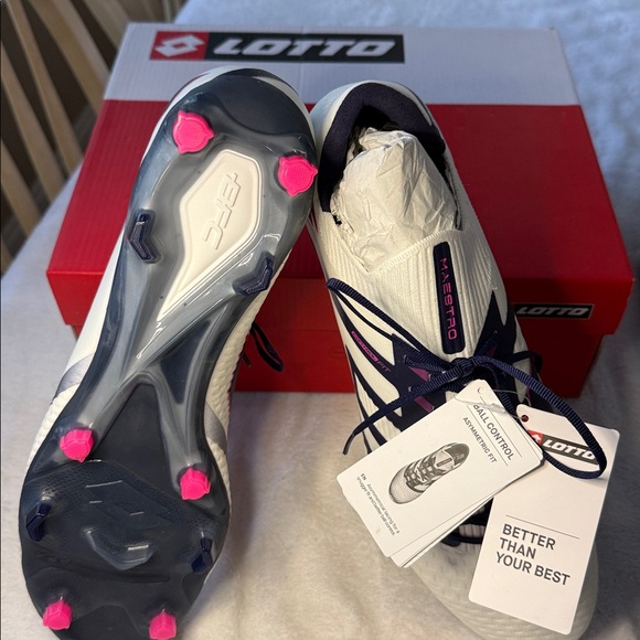 NIB Lotto Maestro 100 IV FG Soccer Cleats 13 All White/Navy Blue/Vivid Fuchsia